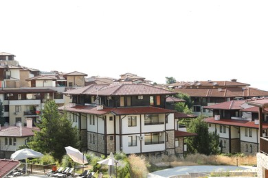 Photo of Sveti Vlas, Bulgaria - July 13, 2025: Beautiful buildings, sunbeds and green trees
