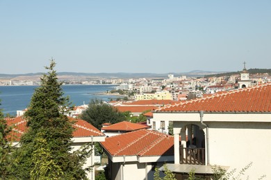 Photo of Sveti Vlas, Bulgaria - July 13, 2025: View of buildings, green trees and sea
