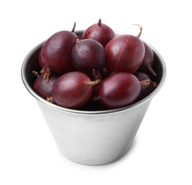 Photo of Fresh ripe red gooseberries in bowl isolated on white
