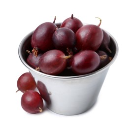 Photo of Fresh ripe red gooseberries in bowl isolated on white