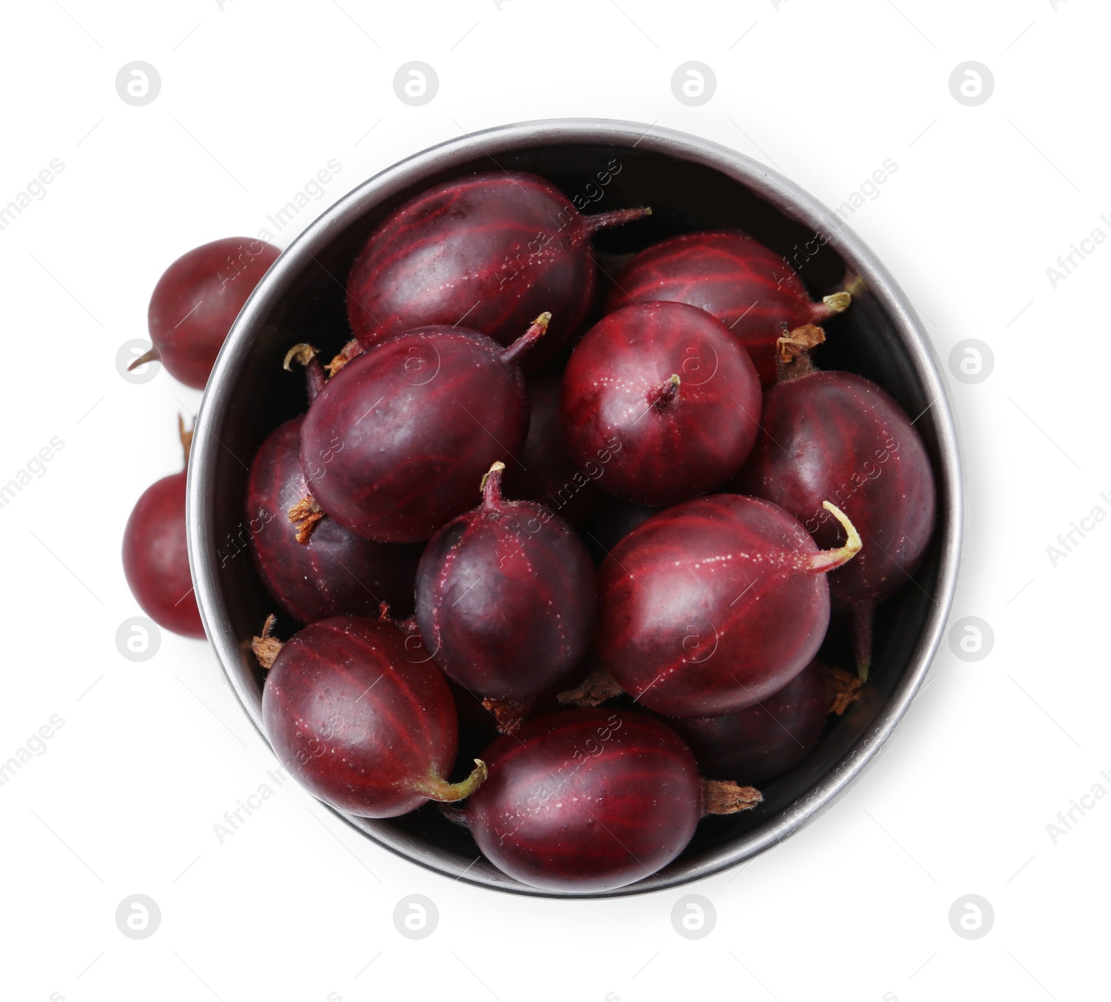 Fresh ripe red gooseberries in bowl isolated on white, top view Photo of Fresh ripe red gooseberries in bowl isolated on white, top view