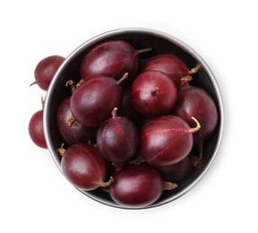 Photo of Fresh ripe red gooseberries in bowl isolated on white, top view