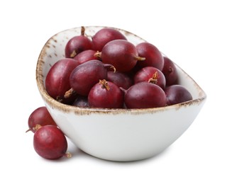 Photo of Fresh ripe red gooseberries in bowl isolated on white