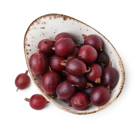 Photo of Fresh ripe red gooseberries in bowl isolated on white, top view