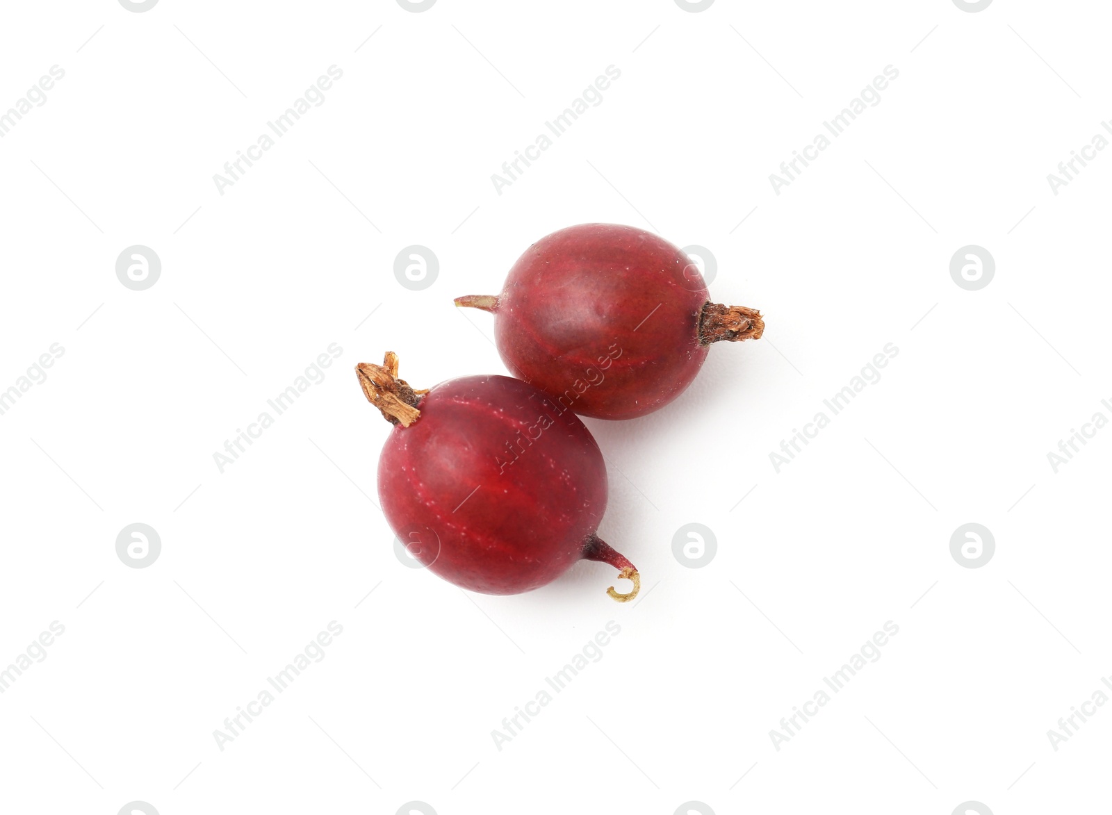 Fresh ripe red gooseberries isolated on white, top view Photo of Fresh ripe red gooseberries isolated on white, top view