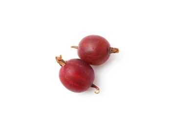 Photo of Fresh ripe red gooseberries isolated on white, top view