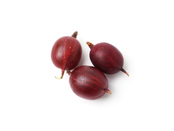 Photo of Fresh ripe red gooseberries isolated on white, top view