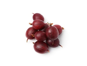 Photo of Pile of fresh ripe red gooseberries isolated on white, top view