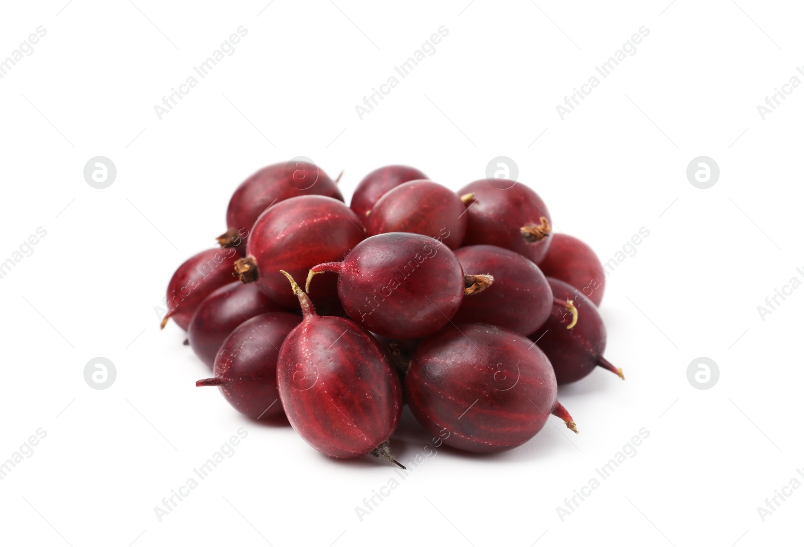 Pile of fresh ripe red gooseberries isolated on white Photo of Pile of fresh ripe red gooseberries isolated on white
