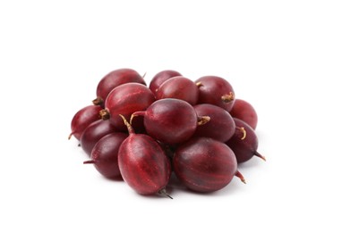 Photo of Pile of fresh ripe red gooseberries isolated on white