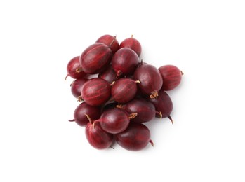 Photo of Pile of fresh ripe red gooseberries isolated on white, top view