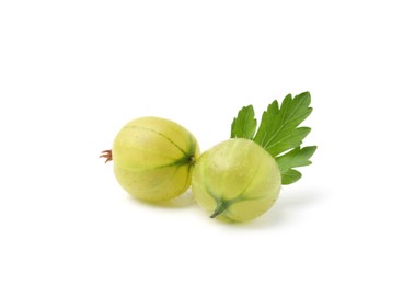 Photo of Fresh ripe green gooseberries with leaf isolated on white