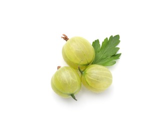 Photo of Fresh ripe green gooseberries with leaf isolated on white, top view