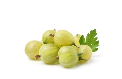 Photo of Fresh ripe green gooseberries with leaf isolated on white