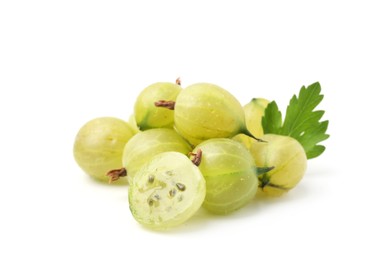 Photo of Fresh ripe green gooseberries with leaf isolated on white