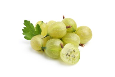 Photo of Fresh ripe green gooseberries with leaf isolated on white
