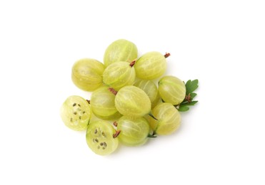 Photo of Fresh ripe green gooseberries with leaf isolated on white, top view