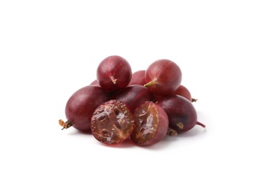 Photo of Pile of fresh ripe red gooseberries isolated on white