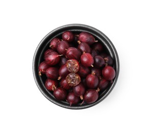 Photo of Fresh ripe red gooseberries in bowl isolated on white, top view