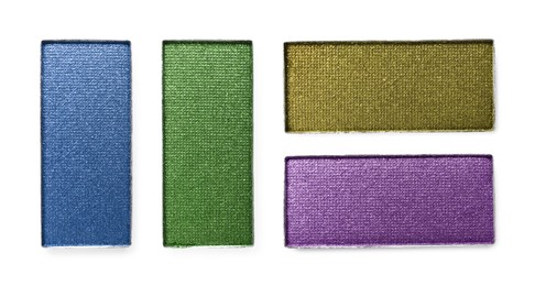 Image of Different eyeshadow in refill pans on white background, set. Palette of shades