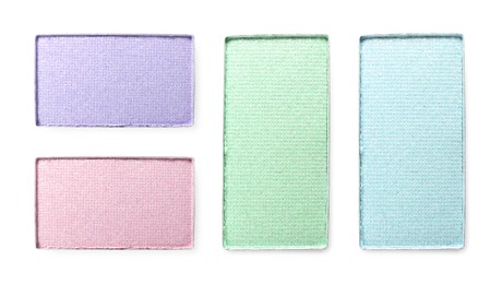 Image of Different eyeshadow in refill pans on white background, set. Palette of shades