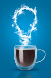 Image of Cup of fresh aromatic coffee against blue background. Steam in shape of light bulb above hot drink. Good idea