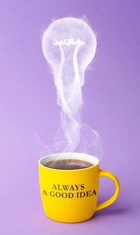 Image of Cup of coffee with inscription Always A Good Idea against violet background. Steam in shape of light bulb above drink