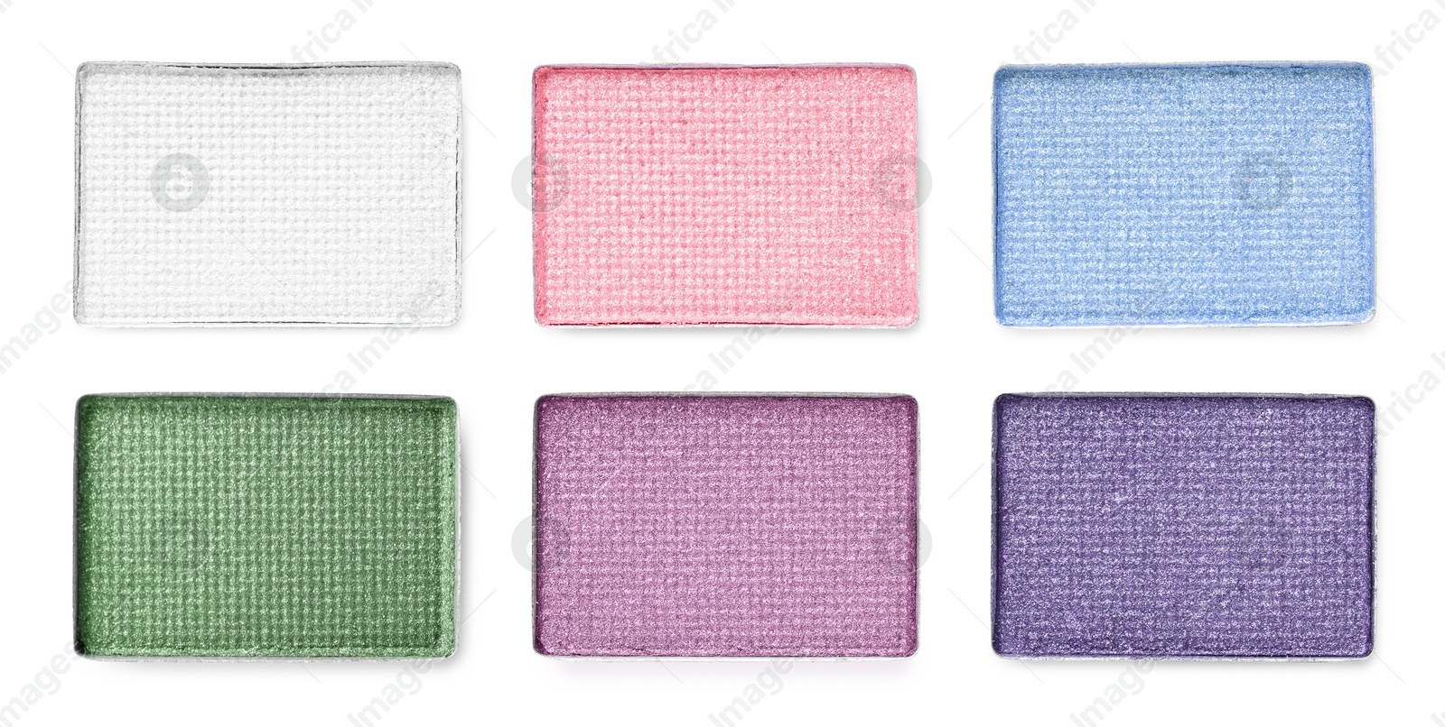 Image of Different eyeshadow in refill pans on white background, set. Palette of shades