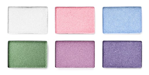 Image of Different eyeshadow in refill pans on white background, set. Palette of shades