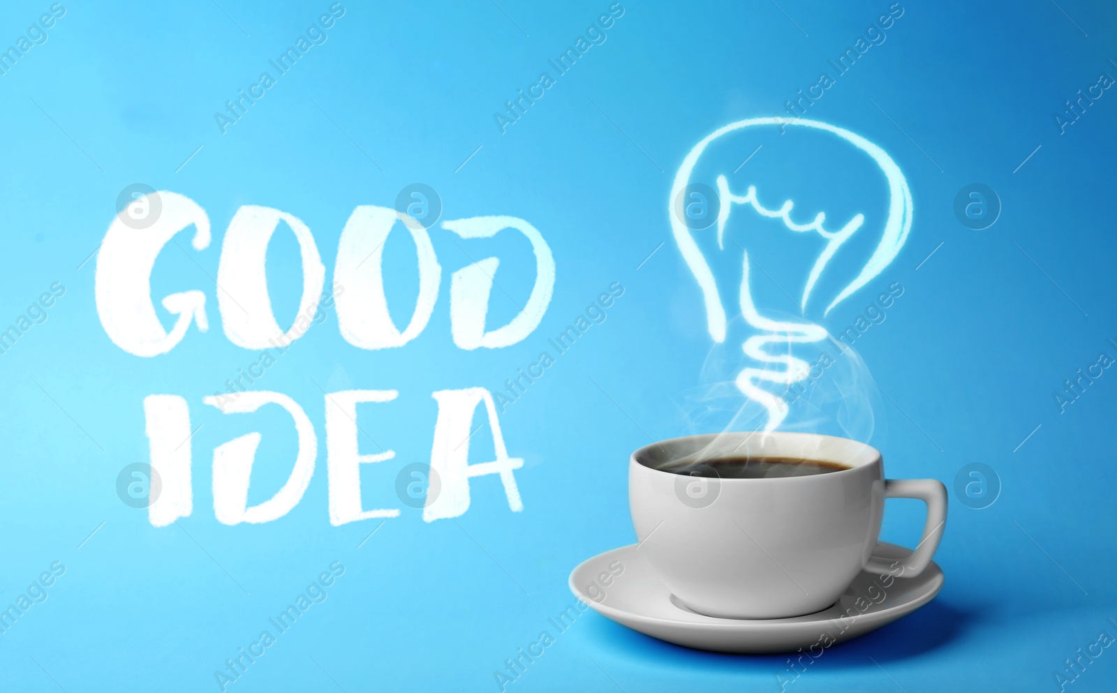 Image of Cup of fresh aromatic coffee against blue background. Steam in shape of light bulb above hot drink. Good idea
