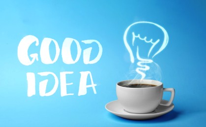 Image of Cup of fresh aromatic coffee against blue background. Steam in shape of light bulb above hot drink. Good idea