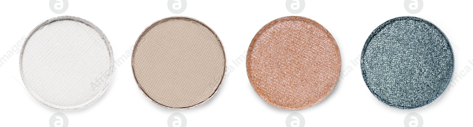 Image of Different eyeshadow in refill pans on white background, set. Palette of shades