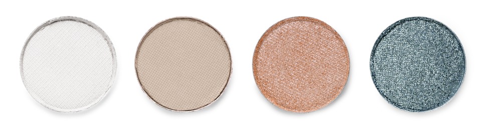 Image of Different eyeshadow in refill pans on white background, set. Palette of shades