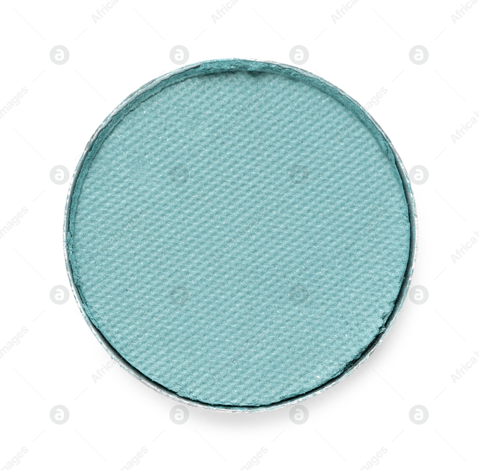 Image of Eye shadow refill pan for palette isolated on white, top view. Turquoise shade