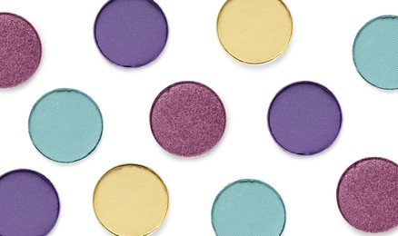 Image of Different eyeshadow in refill pans on white background, set. Palette of shades