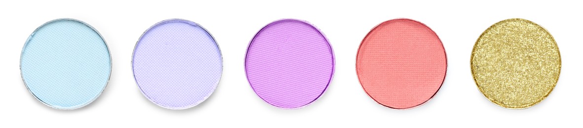 Image of Different eyeshadow in refill pans on white background, set. Palette of shades