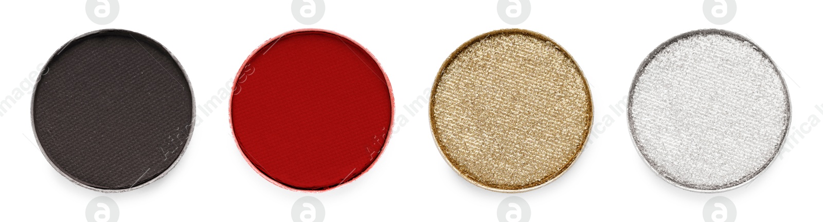 Image of Different eyeshadow in refill pans on white background, set. Palette of shades