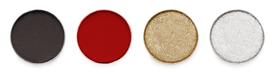 Image of Different eyeshadow in refill pans on white background, set. Palette of shades