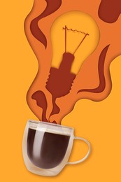 Image of Cup of fresh aromatic coffee against orange background. Light bulb in steam rising above hot drink. Good idea