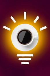 Image of Cup of coffee as part of drawn light bulb on color gradient background, top view. Good idea