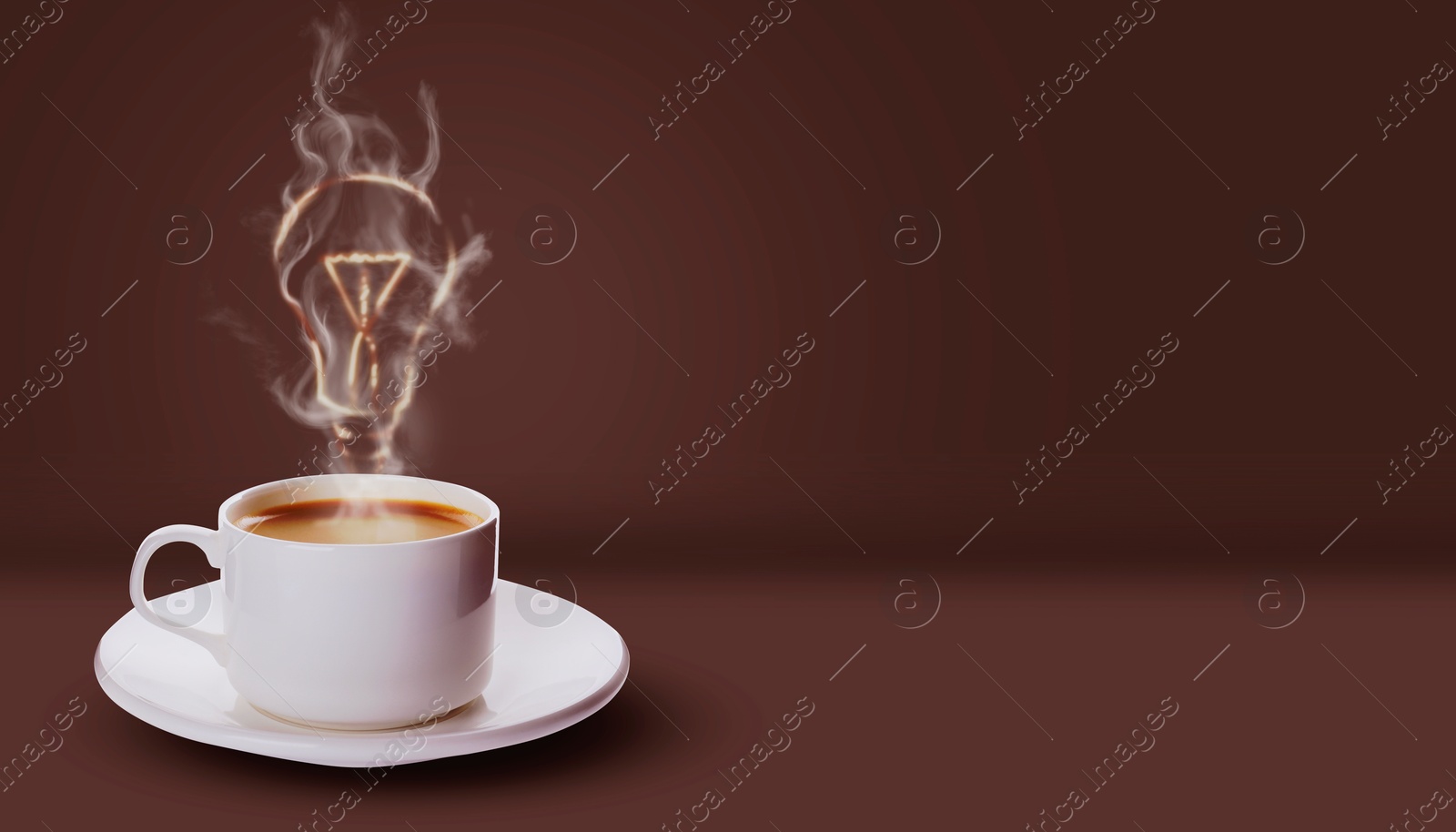 Image of Cup of fresh aromatic coffee against brown background. Glowing light bulb in steam rising above hot drink. Good idea