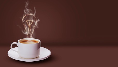 Image of Cup of fresh aromatic coffee against brown background. Glowing light bulb in steam rising above hot drink. Good idea