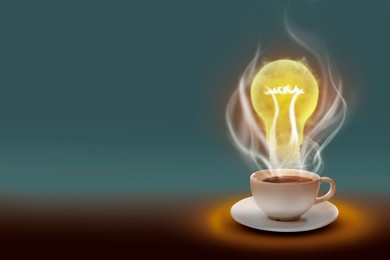 Image of Cup of fresh aromatic coffee against teal background. Glowing light bulb in steam rising above hot drink. Good idea