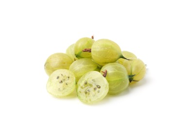 Photo of Pile of fresh ripe green gooseberries isolated on white