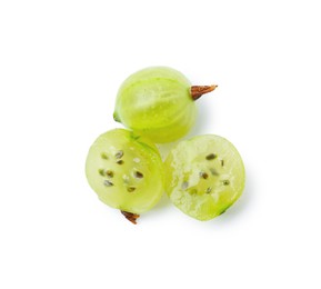Photo of Fresh ripe green gooseberries isolated on white, top view