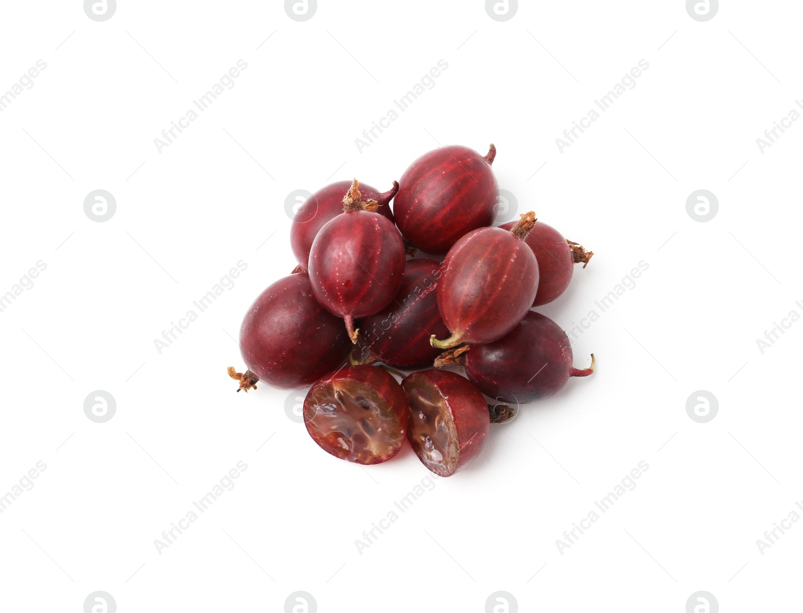 Pile of fresh ripe red gooseberries isolated on white, top view Photo of Pile of fresh ripe red gooseberries isolated on white, top view