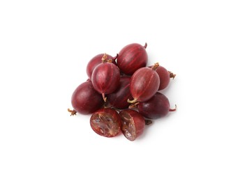 Photo of Pile of fresh ripe red gooseberries isolated on white, top view