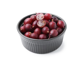 Photo of Fresh ripe red gooseberries in bowl isolated on white