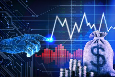 Image of Artificial intelligence in finance trading. Poster with digital hand, graphs, data and money