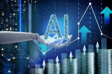 Image of Artificial intelligence in finance trading. Poster with robot hand holding AI abbreviation against circuit board, data, coins and graphs